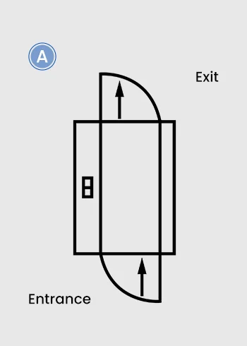 An air shower with opposite doors opening to the left and right, respectively.
