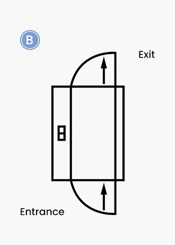 An air shower with opposite doors opening to the right.