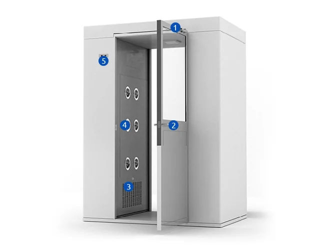 A stainless steel air shower structure display