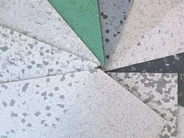 Multiple anti-static PVC flooring in various colors and patterns stacked together