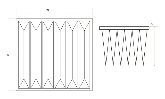 A structural drawing of bag-type activated carbon filter labeled with H, W, D