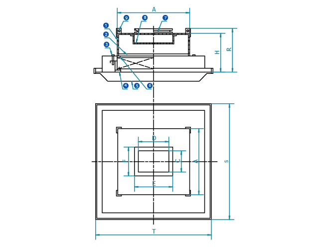 Side and top views of circumfluent mini-pleat HEPA supply air outlet structural drawing