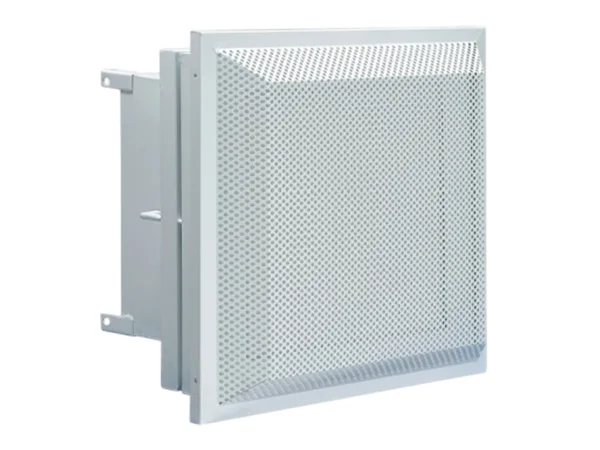 A powder coated circumfluent mini-pleat HEPA supply air outlet