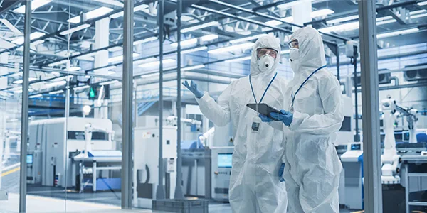 Two persons in protective suits are discussing in a cleanroom.