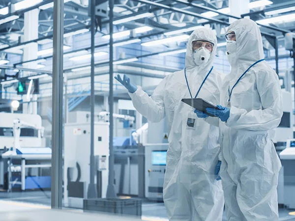 Two persons in protective suits are discussing in a cleanroom.
