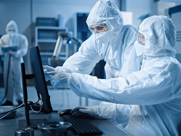 Two individuals in protective clothing are pointing at a computer and discussing