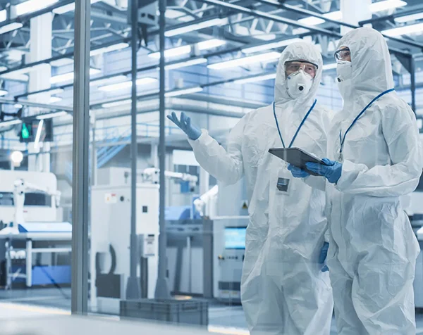 Two persons in protective suits are discussing in the cleanroom.