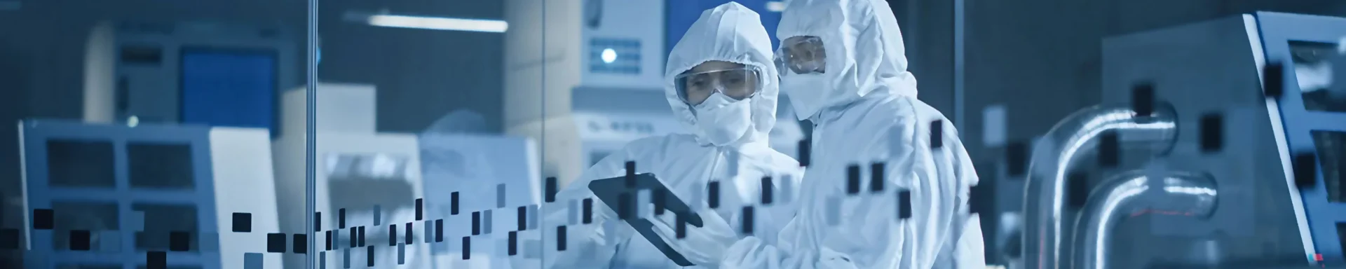 Two persons in protective clothing are working inside a cleanroom.