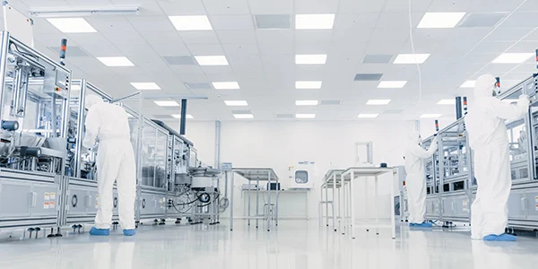Three persons wearing protective clothing are working in a cleanroom.