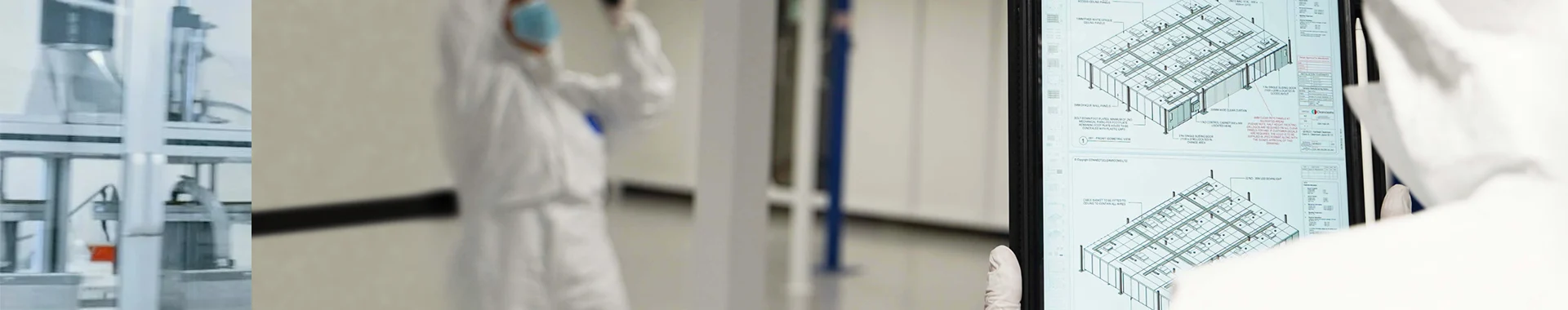 Two persons in protective clothing are inspecting cleanroom blueprints.