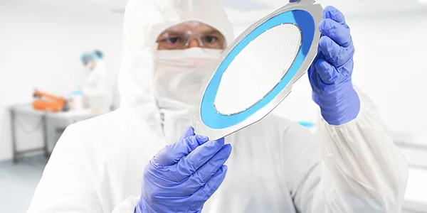 A person wearing protective clothing is inspecting a wafer.