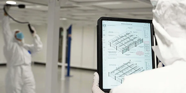 Two technicians in protective suits are checking the cleanroom per the layout drawings.