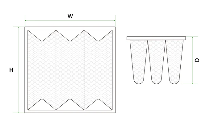 A structural drawing of DPA dry paint pocket filter with external dimensions
