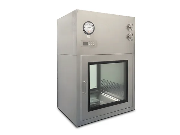 A stainless steel dynamic pass box with a fan