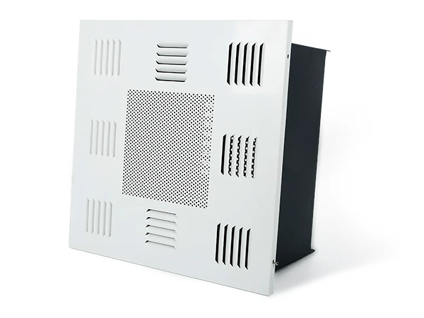 A stainless steel HEPA supply air outlet placed on a desktop