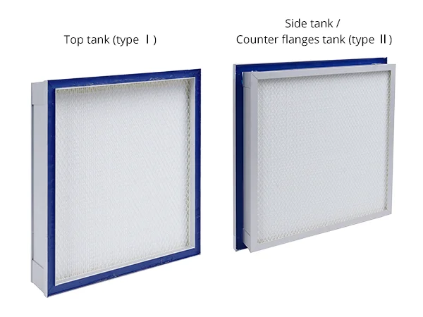 A mini-pleat top-tank liquid groove HEPA filter and a mini-pleat side-tank liquid groove HEPA filter