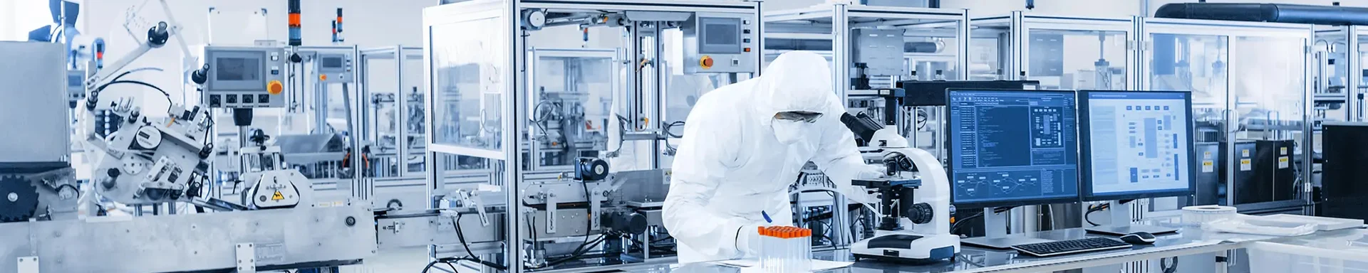A person wearing protective clothing is working in a medical device cleanroom.