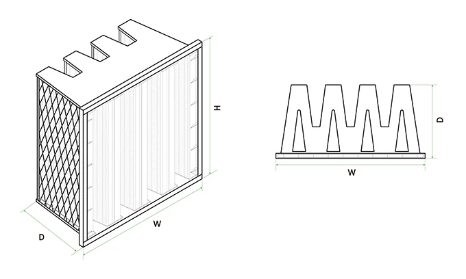 A structural drawing of medium efficiency mini-pleat V-type air filter with annotations