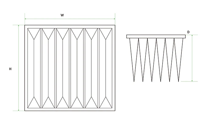 Top and side view drawings of medium efficiency non-woven bag filter with annotations