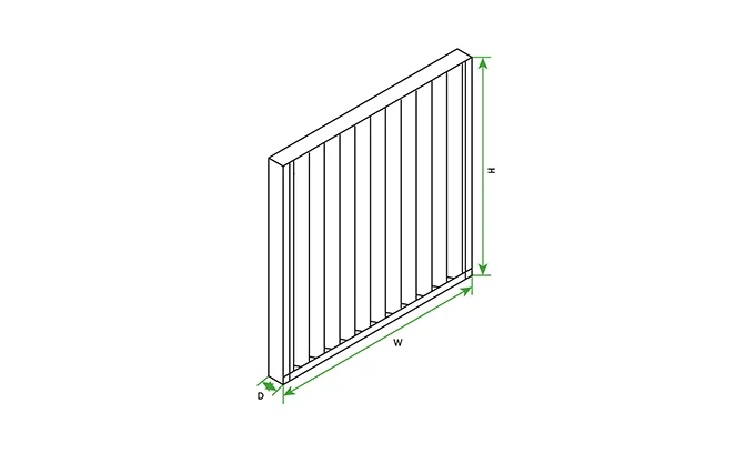 A structural drawing of medium efficiency panel air filter labeled with H, W, D