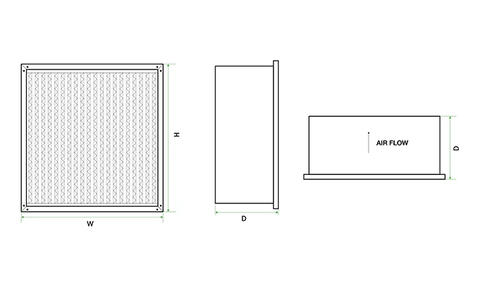 A structural drawing of medium efficiency separator air filter with annotations