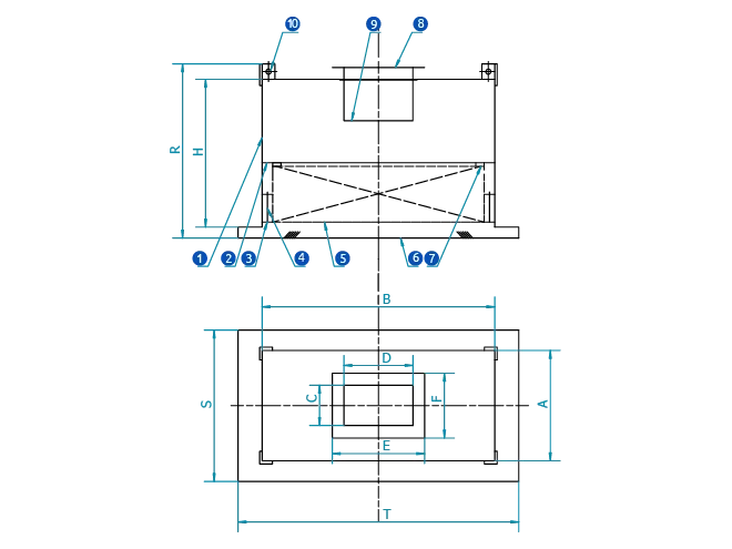 Side and top views of mini-pleat HEPA supply air outlet structural drawing