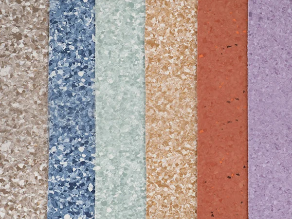 Six different colors and patterns of non-directional homogeneous PVC flooring