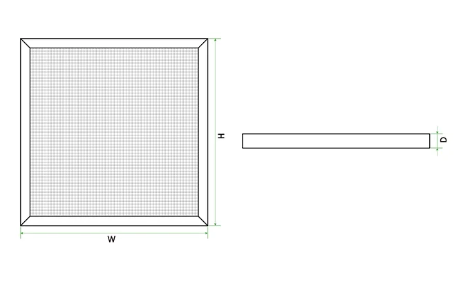 A structural drawing of nylon mesh air filter with external dimensions