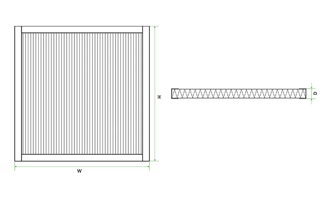 A structural drawing of panel activated carbon filter labeled with W, H, D