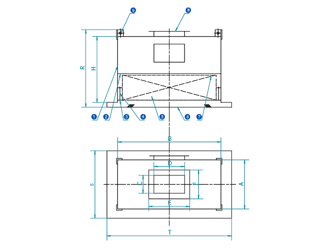 Side and top views of separator HEPA supply air outlet structural drawing